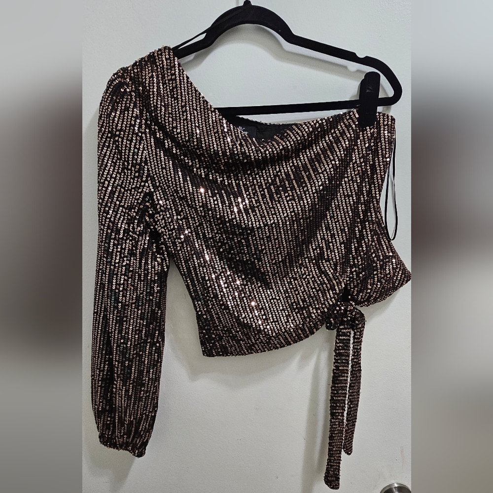 One-Shoulder Sequin Top in Bronze Sequins - Picture 3 of 7